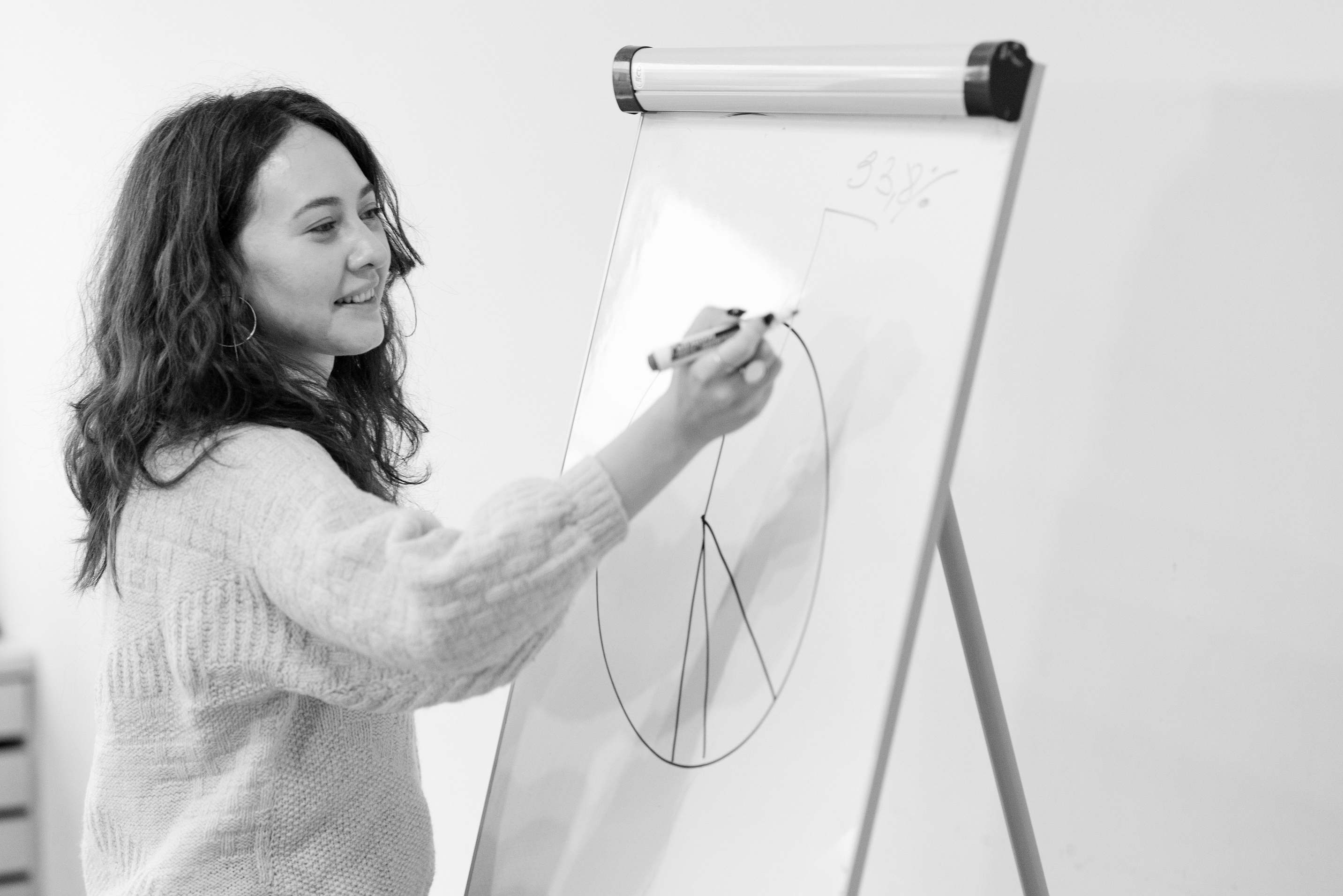 Overhead view of a whiteboard with process diagrams in an office, woman drawing a pie chart on a whiteboard